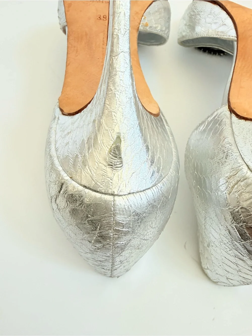 Manolo Blahnik Sedaraby Silver Python Crystal Buckle D’Orsay Mule Heels EU 39.5